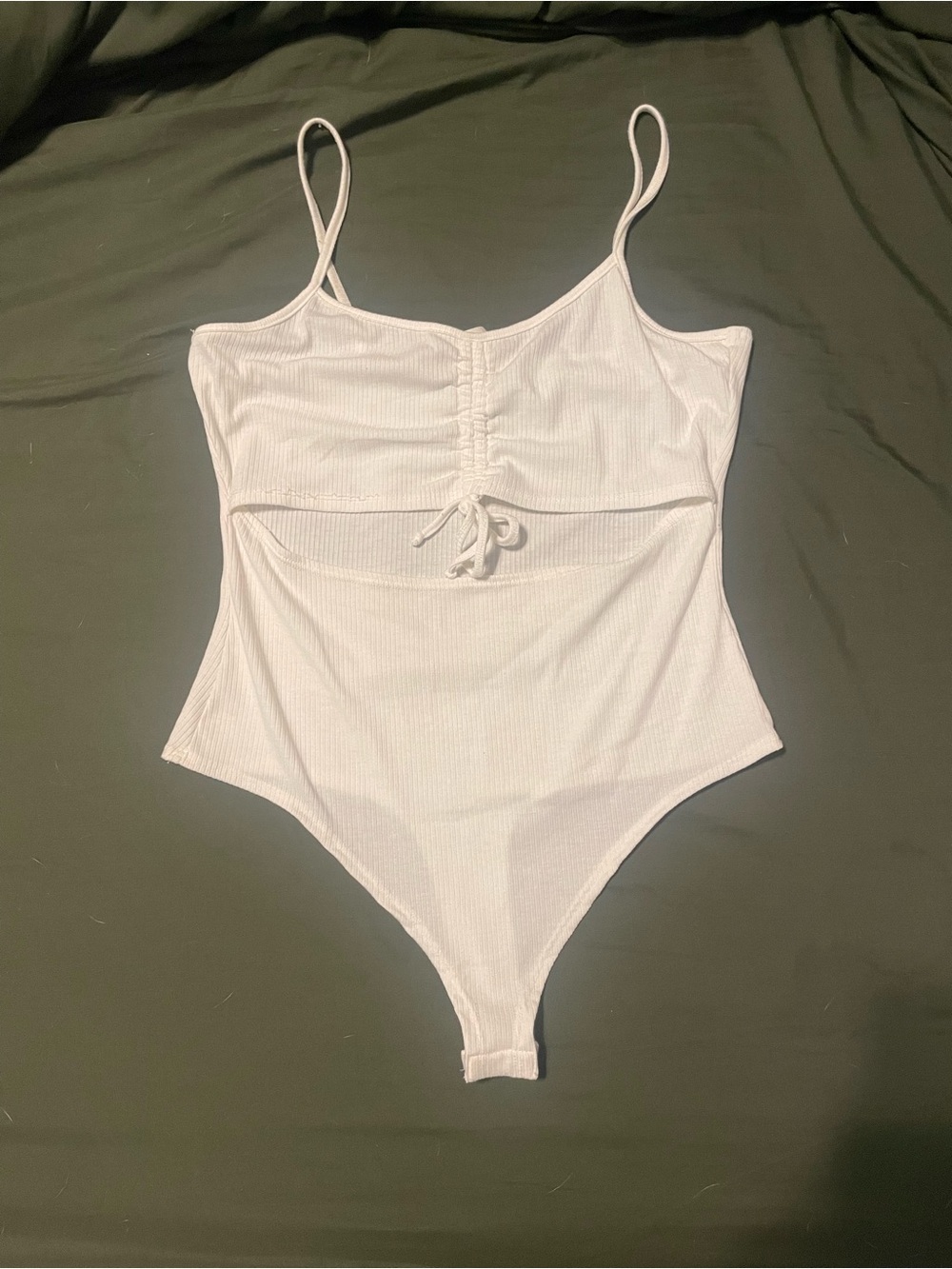 White Ribbed One-Piece Bodysuit with Drawstring